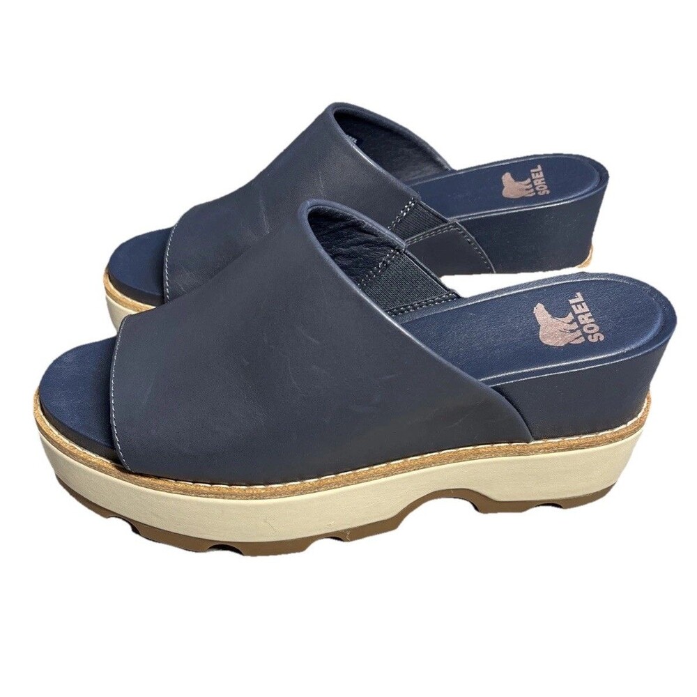 Sorel Joanie Navy Blue Leather Slide Wedge Sandals Platform Women’s Size 7.5 EUC - Picture 3 of 12